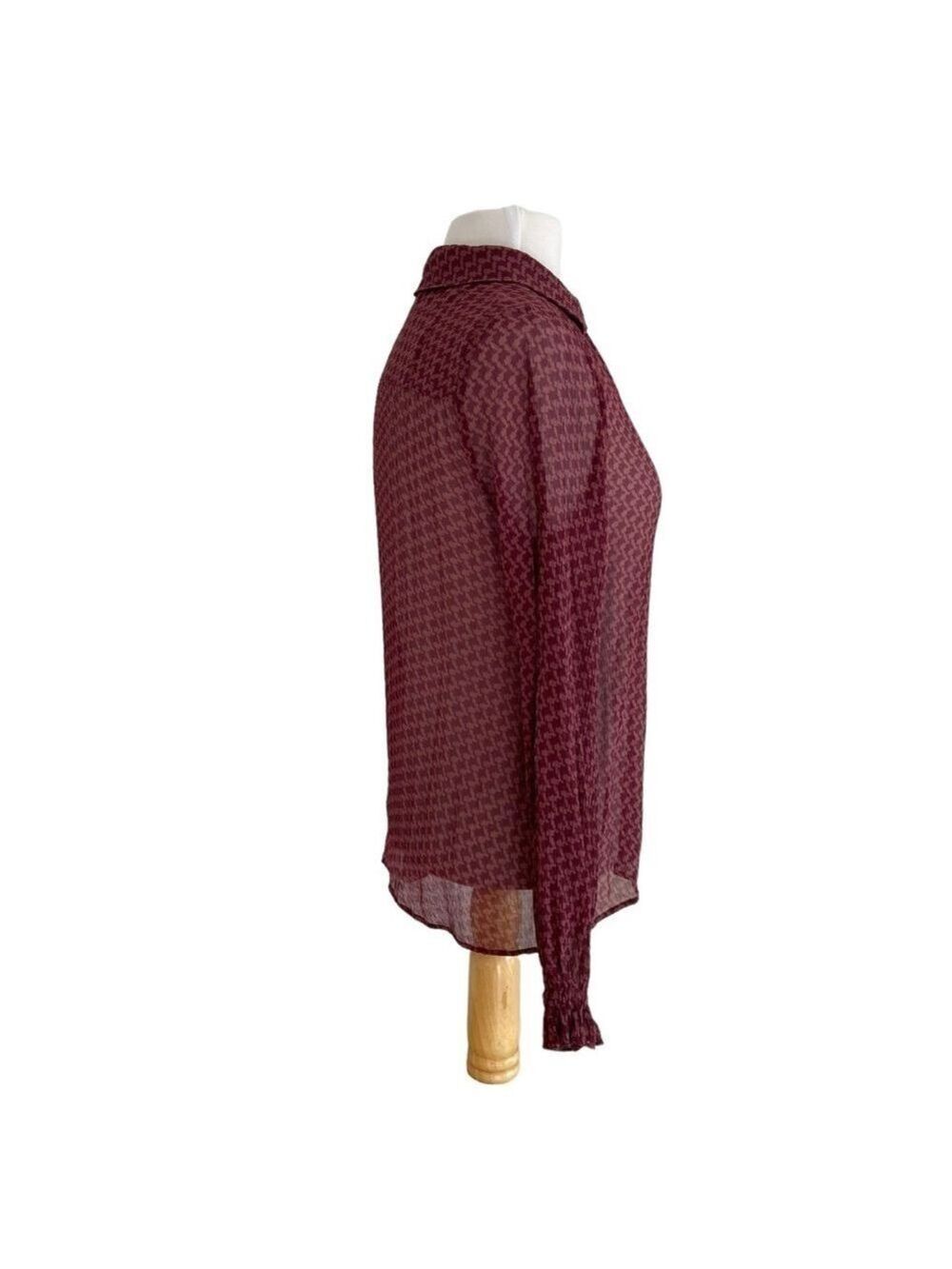 Paige Brea 100% Silk Burgundy Red Houndstooth Blouse Sheer Small houndstooth - Picture 4 of 15